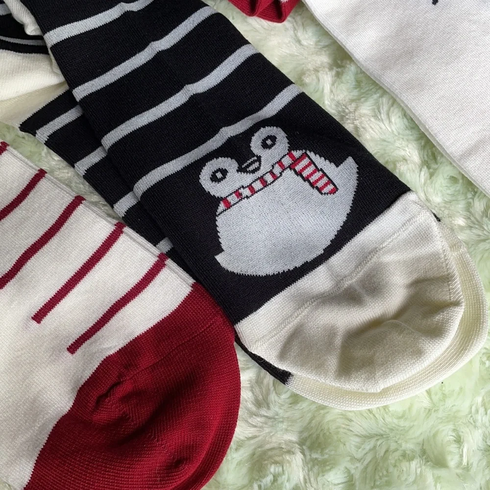 LANDS END Penguin Christmas Striped Socks 3 Pack Red Navy Blue - Host Pick 🎉